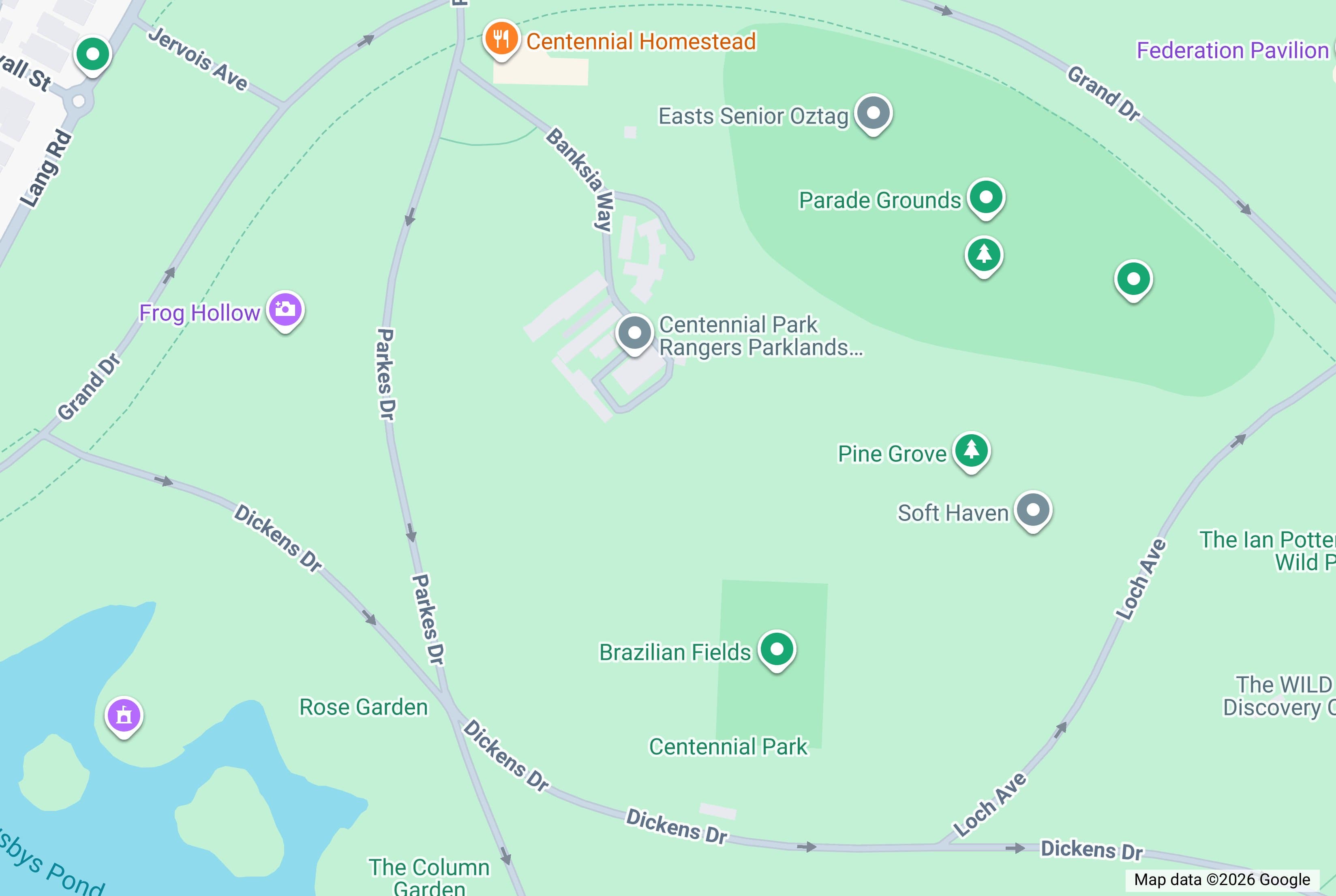 Centennial Park's real, unstyled Google Maps view